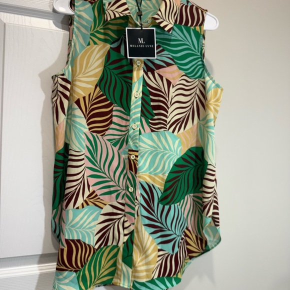 MELANIE LYNE Vibrant Sleeveless Palm Print Blouse Shirt Sz  8 - Picture 13 of 14
